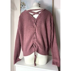 Moral Fiber Mauve Lace-Up Back Waffle Knit Long Sleeve V-Neck Sweater XL